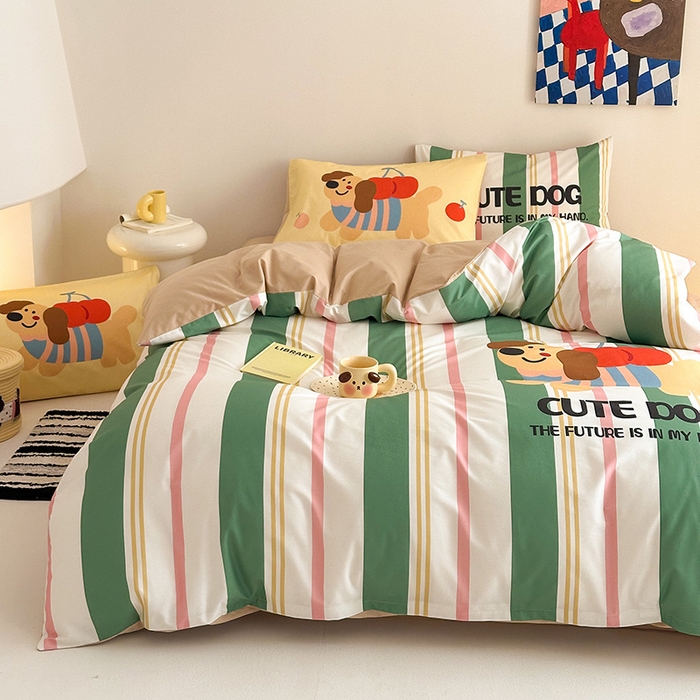 91家纺网 家纺一手货源 找家纺 花言狐语 2025新款全棉13372卡通大版数码印花四件套（提供买家秀） 可爱小狗（绿）