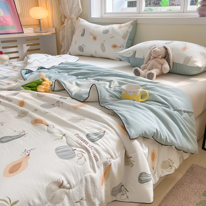 91家纺网 家纺一手货源 找家纺 贝扬思家纺 2025新款水洗皱皱纱系列夏被-系列二 南瓜日记