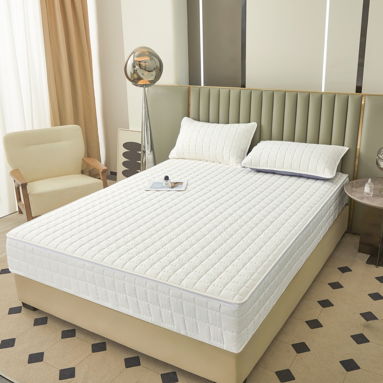 91家纺网 家纺一手货源 找家纺 欧邦 2025新款可拆卸六面全包夹棉床笠 五面夹棉-本白