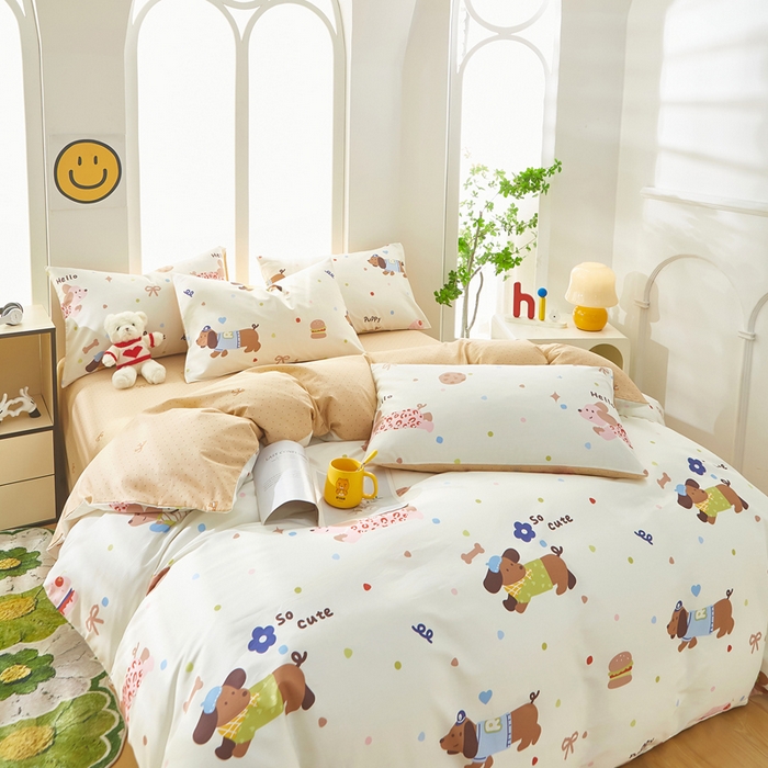 91家纺网 家纺一手货源 找家纺 黛妮雅 2025新款AB版全棉印花单被套床单枕套 腊肠狗