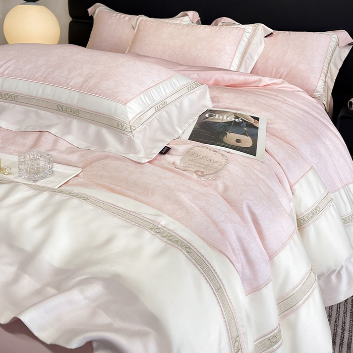 91家纺网 家纺一手货源 找家纺 高端轻奢A类母婴级兰精天丝全工艺刺绣四件套高端真丝夏季丝滑裸睡床上用品  维曼-香颂粉