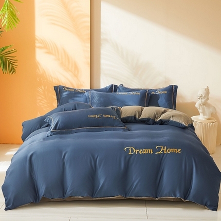 七仙女家纺 2025新款水洗真丝-梦幻家园系列四件套 绅士蓝+高级灰
