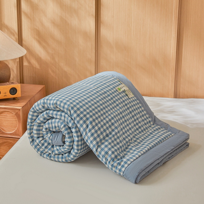 91家纺网 家纺一手货源 找家纺 伊人坊 2025新款A类无印风水洗棉新疆棉花夏被 蓝小格