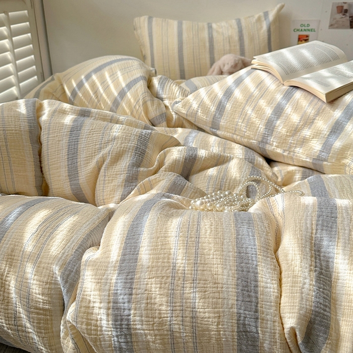 91家纺网 家纺一手货源 找家纺 田野2025新款全棉皱皱纱四件套 时予-黄灰