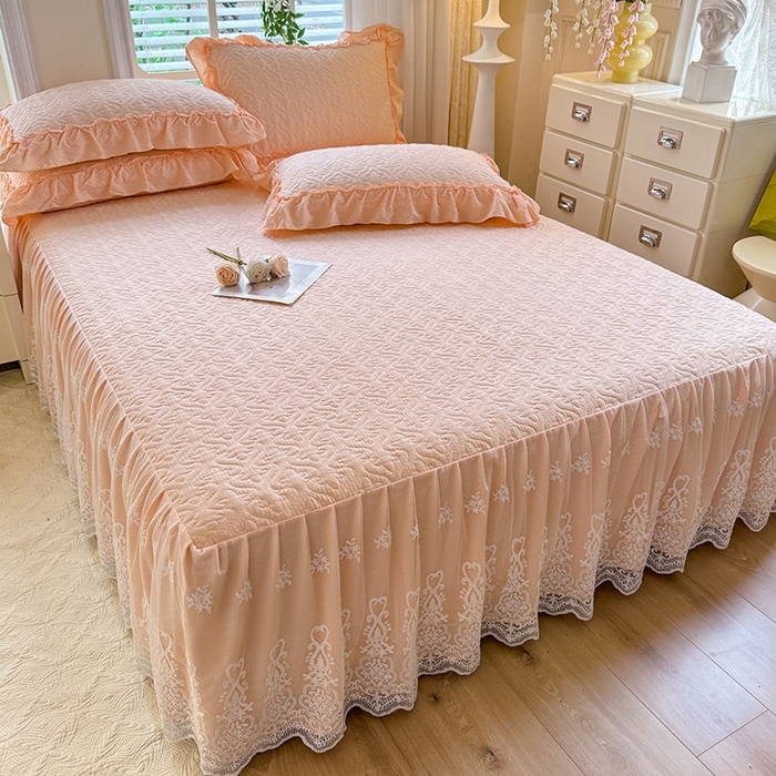 91家纺网 家纺一手货源 找家纺 2025新款A类华夫格大豆棉床裙四件套-梦幻花园 梦幻花园-玉