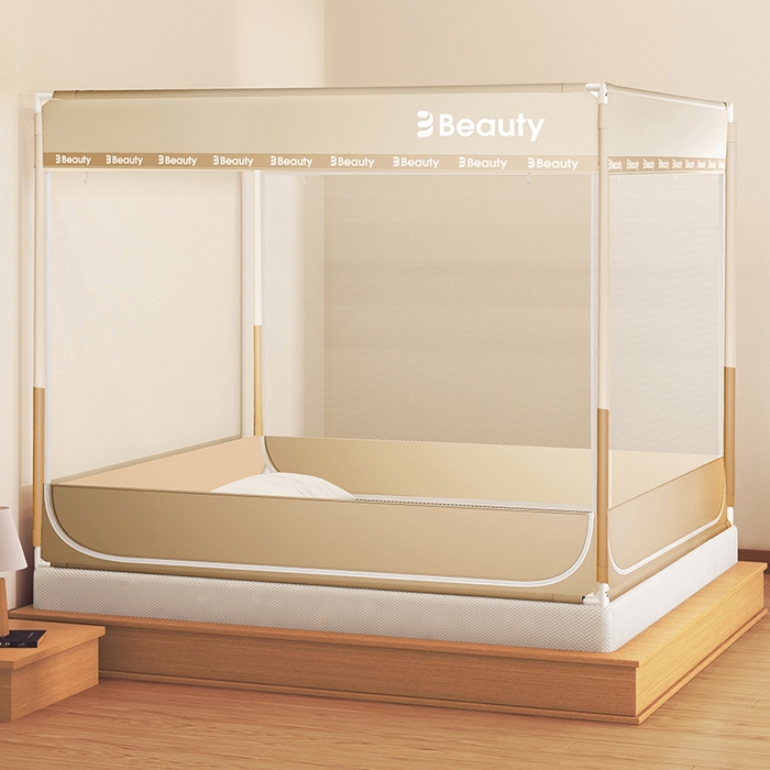 91家纺网 家纺一手货源 找家纺 青竹苑 2025新款无印字母三门坐床床笠底防摔蚊帐 米杏