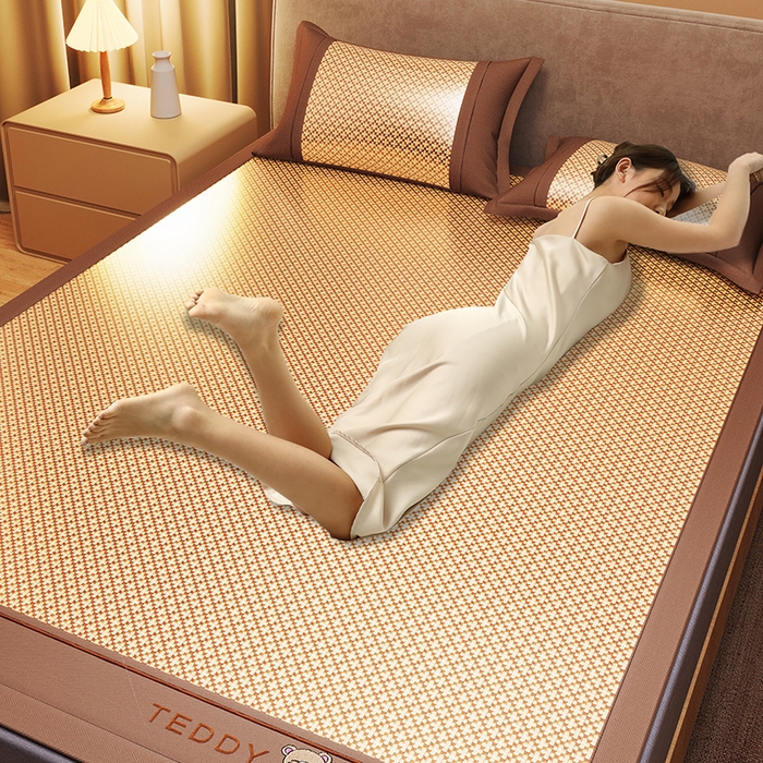 91家纺网 家纺一手货源 找家纺 迪乐妮 2025新款提花冰藤双面席床笠 床笠款-泰迪熊-红棕