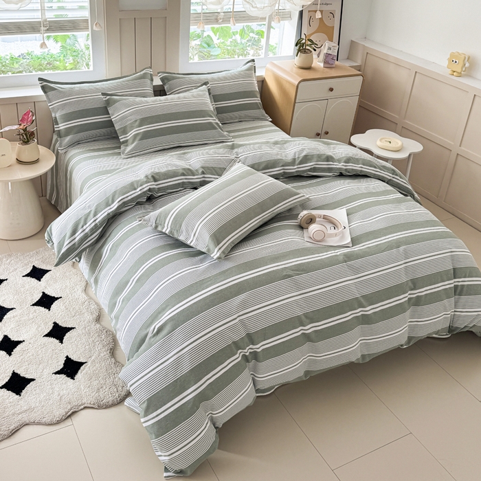 91家纺网 家纺一手货源 找家纺 首爱家纺 2025新款色织老粗布四件套全棉四件套纯棉四件套 绿条