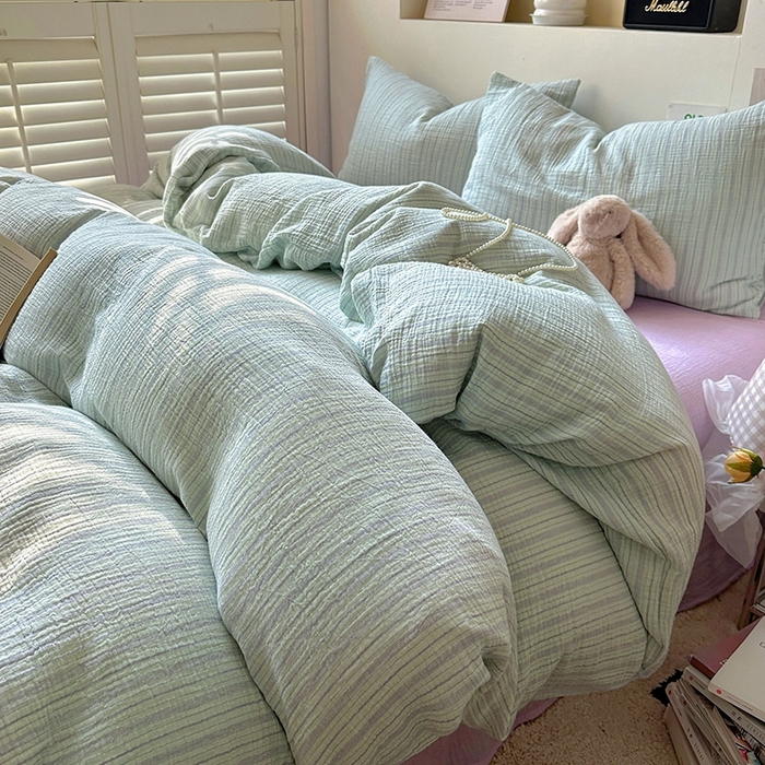 91家纺网 家纺一手货源 找家纺 田野2025新款全棉皱皱纱四件套 小半-绿紫