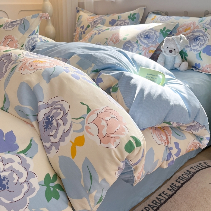 91家纺网 家纺一手货源 找家纺 大吉 2025新款100全棉纯棉喷气小清新被套四件套纯棉三件套床笠四件套单被套单枕套 山茶花开