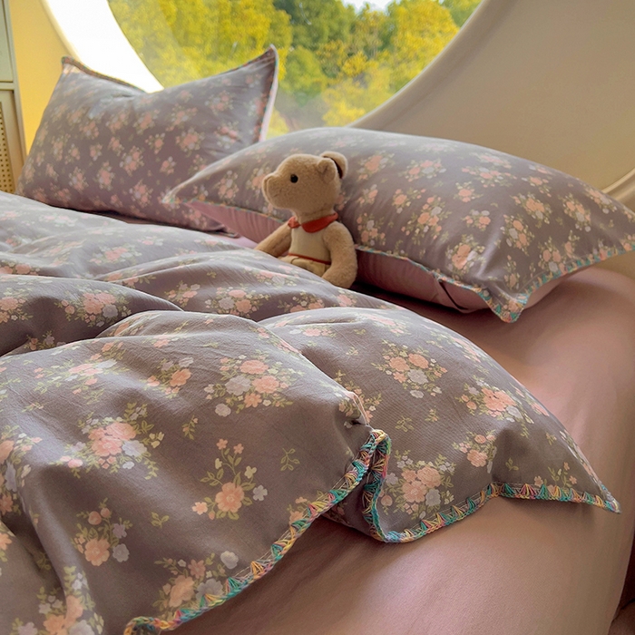 91家纺网 家纺一手货源 找家纺 葡萄家 2025爆款高克重彩色三角针A类针织双层纱四件套 提供买家秀 茉福灰