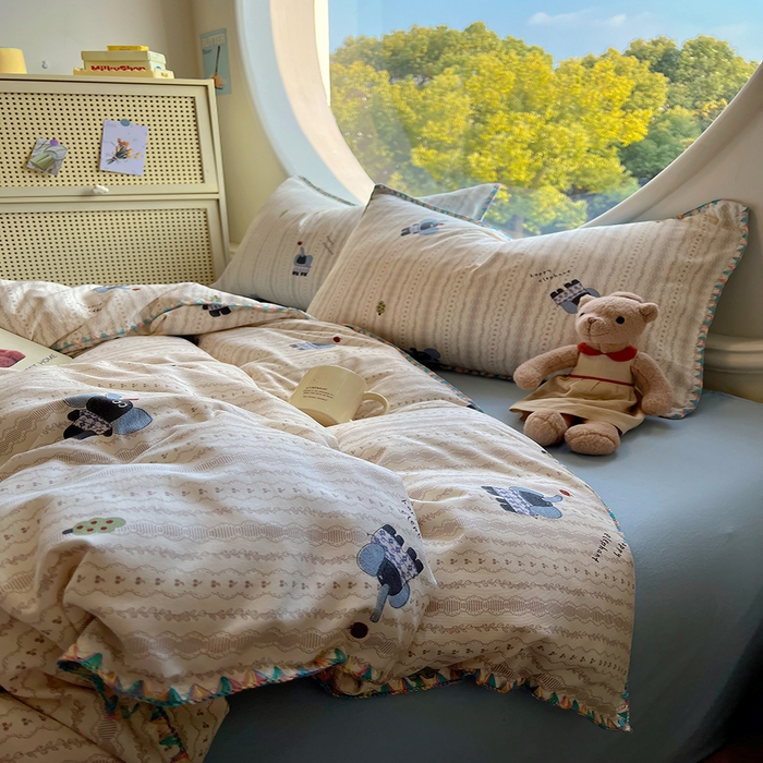 91家纺网 家纺一手货源 找家纺 葡萄家 2025爆款高克重彩色三角针A类针织双层纱四件套 提供买家秀 北鼻象