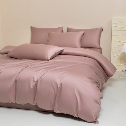 舒慕家纺 2025新款100s高支贡缎长绒棉纯色四件套双拼四件套（送包装） 豆沙粉