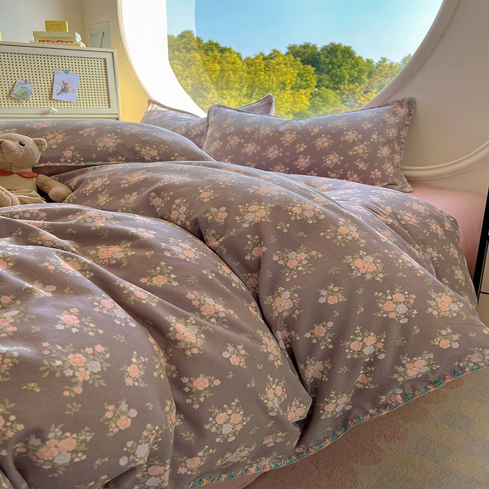 91家纺网 家纺一手货源 找家纺 葡萄家 2025爆款高克重彩色三角针A类针织双层纱四件套 提供买家秀 茉福灰