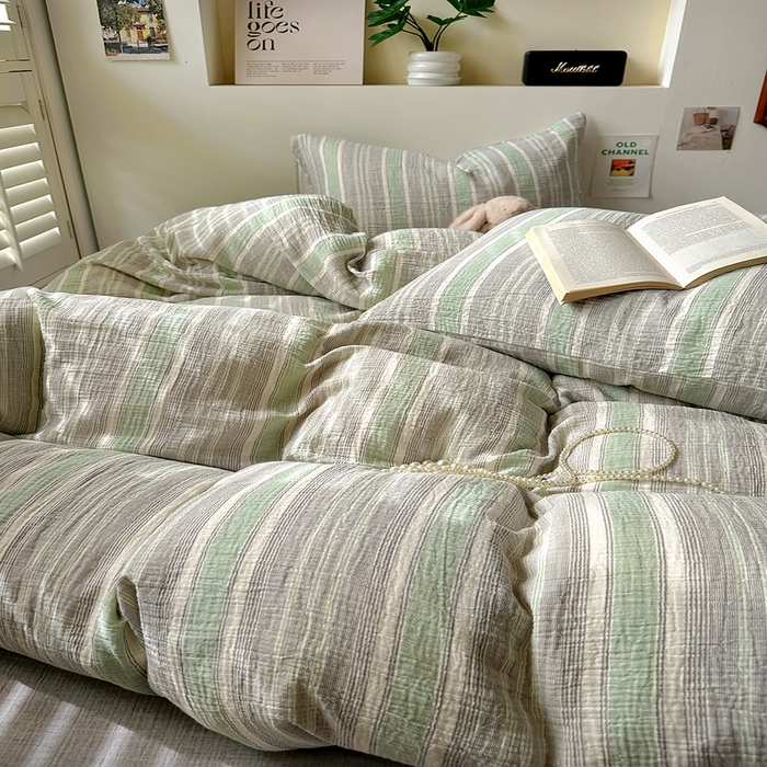 91家纺网 家纺一手货源 找家纺 田野2025新款全棉皱皱纱四件套 时予-灰绿