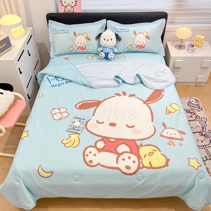 91家纺网 家纺一手货源 找家纺 2025新款正版授权A类大版数码印花三丽鸥可机洗1200D冰丝凉席席子凉席可组合针织棉夏被四件套-平铺款 平铺款-呆萌帕恰狗