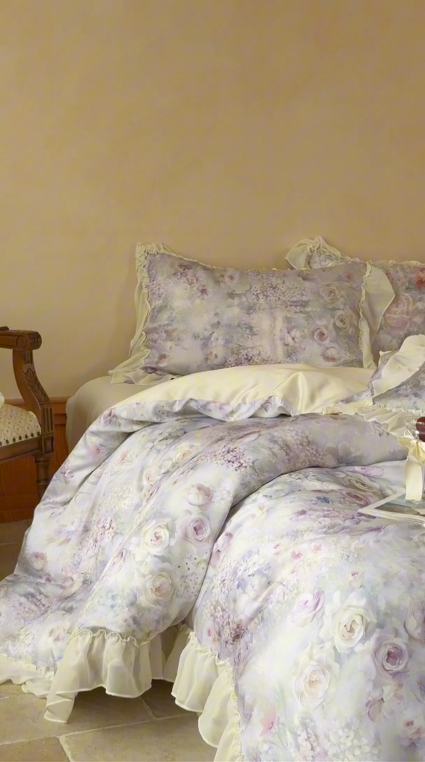 91家纺网 家纺一手货源 找家纺 沐晴家纺 2025春夏新品数码印花60兰精天丝云纱四件套 繁夏-紫