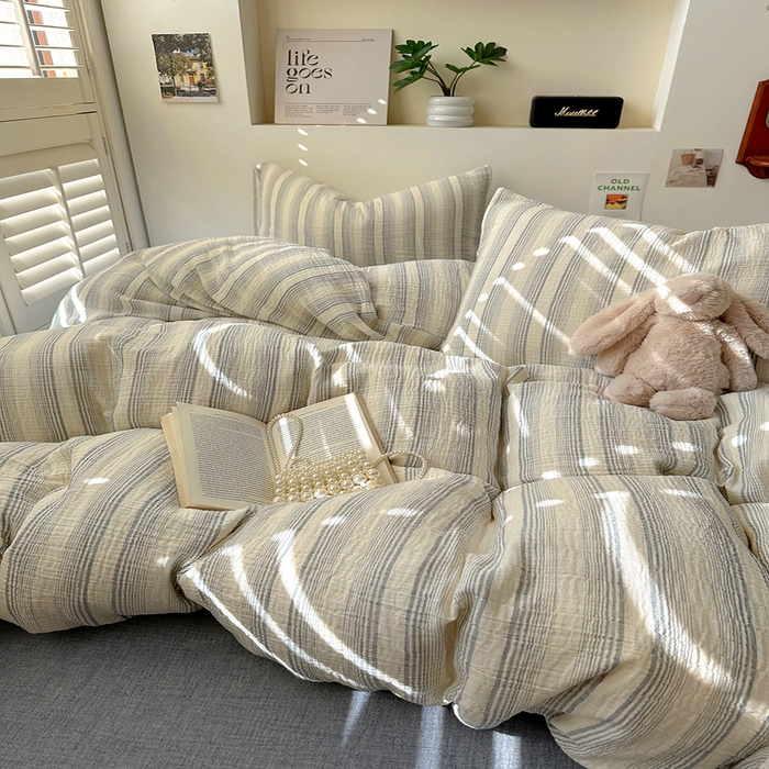 91家纺网 家纺一手货源 找家纺 田野2025新款全棉皱皱纱四件套 半夏-蓝