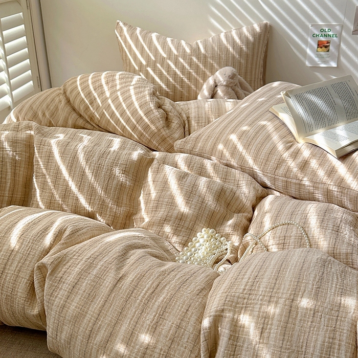 91家纺网 家纺一手货源 找家纺 田野2025新款全棉皱皱纱四件套 小半-奶茶棕