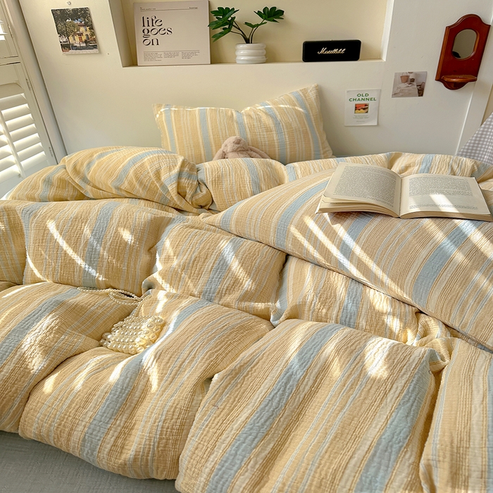 91家纺网 家纺一手货源 找家纺 田野2025新款全棉皱皱纱四件套 时予-桔兰