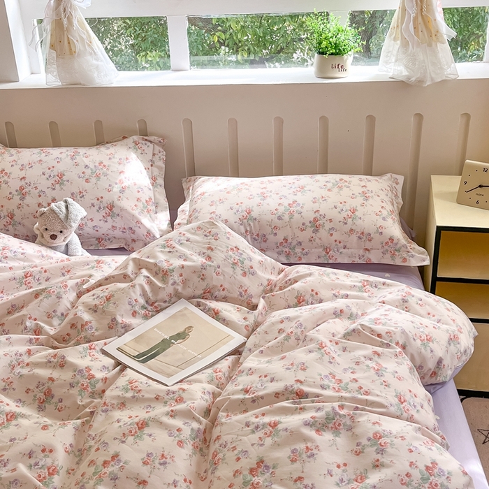 91家纺网 家纺一手货源 找家纺 大吉 2025新款100全棉纯棉喷气小清新被套四件套纯棉三件套床笠四件套单被套单枕套 花语蔷薇