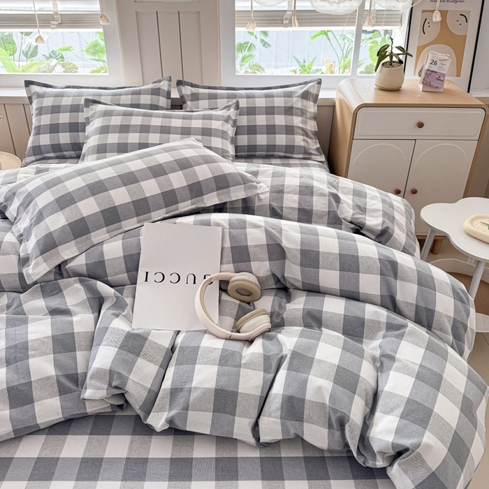 91家纺网 家纺一手货源 找家纺 首爱家纺 2025新款色织老粗布四件套全棉四件套纯棉四件套 棋盘