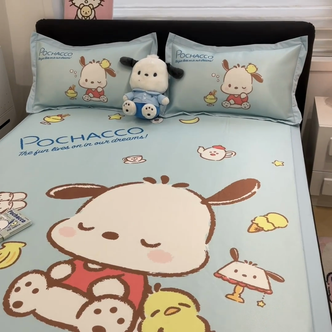 91家纺网 家纺一手货源 找家纺 2025新款正版授权A类大版数码印花三丽鸥可机洗1200D冰丝凉席席子凉席可组合针织棉夏被四件套-平铺款 平铺款-呆萌帕恰狗