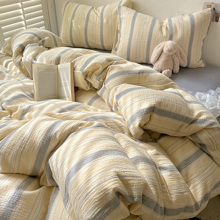 91家纺网 家纺一手货源 找家纺 田野2025新款全棉皱皱纱四件套 时予-黄灰