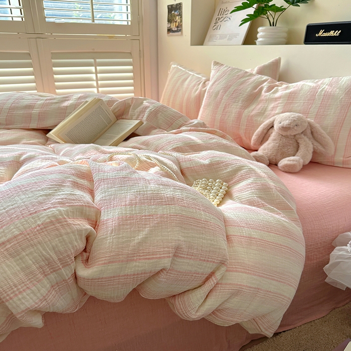 91家纺网 家纺一手货源 找家纺 田野2025新款全棉皱皱纱四件套 半夏-粉