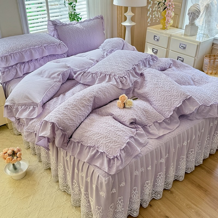 91家纺网 家纺一手货源 找家纺 2025新款A类华夫格大豆棉床裙四件套-梦幻花园 梦幻花园-紫