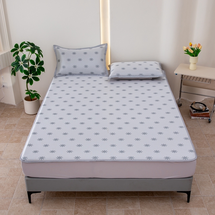 91家纺网 家纺一手货源 找家纺 凌云家纺  2025新款提花凉感冰丝席床笠款三明治凉席三件套 雪漾-灰