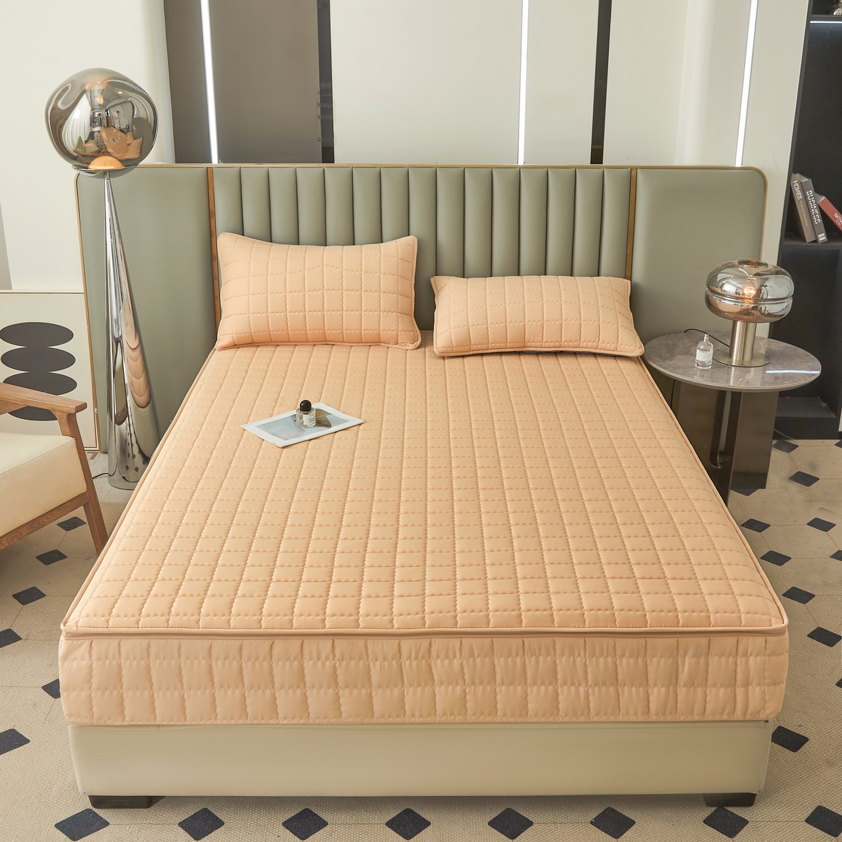 91家纺网 家纺一手货源 找家纺 欧邦 2025新款可拆卸六面全包夹棉床笠 五面夹棉-羊驼色