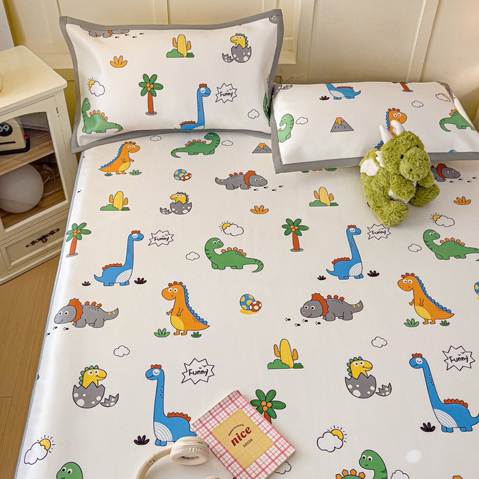 91家纺网 家纺一手货源 找家纺 富馨莱 2025新款床笠款冰藤印花凉席A类抗菌冰丝席支持定制尺寸 恐龙纪元