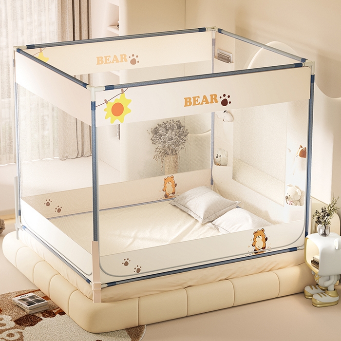 91家纺网 家纺一手货源 找家纺 青竹苑 2025新款围栏支架口袋款坐床防摔蚊帐 快乐熊