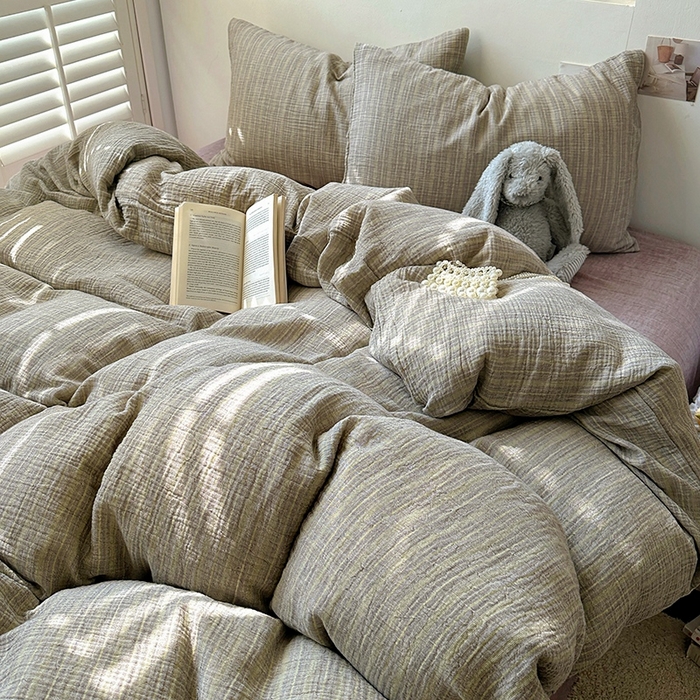 91家纺网 家纺一手货源 找家纺 田野2025新款全棉皱皱纱四件套 小半-亚麻棕