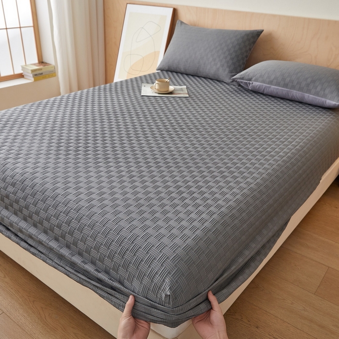 91家纺网 家纺一手货源 找家纺 梦镜2025新款A类亲肤棉华夫格棋盘格防水床笠 华夫格-淡灰