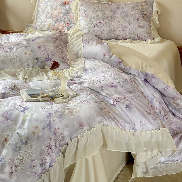 91家纺网 家纺一手货源 找家纺 沐晴家纺 2025春夏新品数码印花60兰精天丝云纱四件套 繁夏-紫