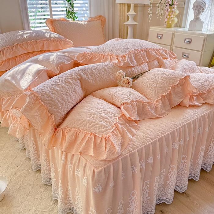 91家纺网 家纺一手货源 找家纺 2025新款A类华夫格大豆棉床裙四件套-梦幻花园 梦幻花园-玉