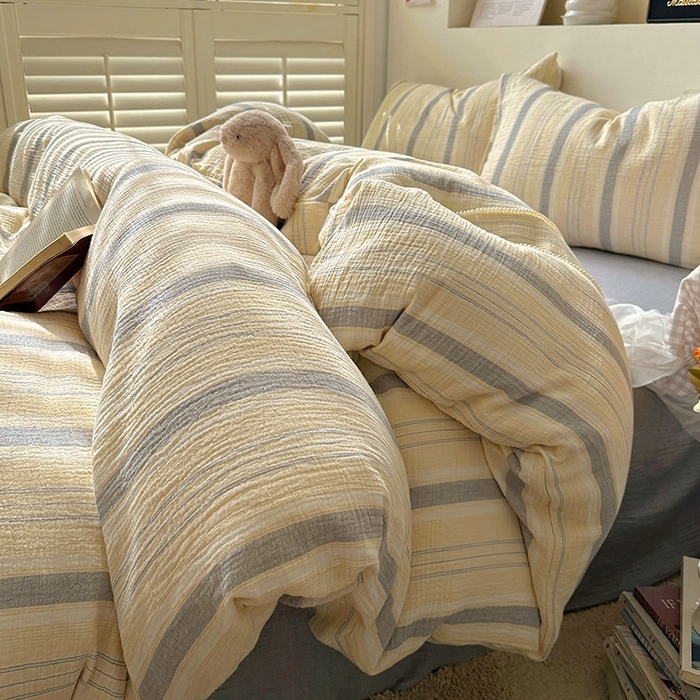 91家纺网 家纺一手货源 找家纺 田野2025新款全棉皱皱纱四件套 时予-黄灰