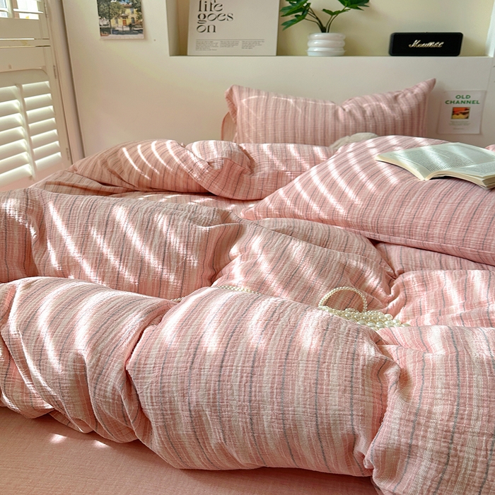 91家纺网 家纺一手货源 找家纺 田野2025新款全棉皱皱纱四件套 小半-粉米