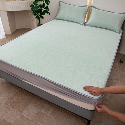 凌云家纺  2025新款提花凉感冰丝席床笠款三明治凉席三件套 春韵-绿