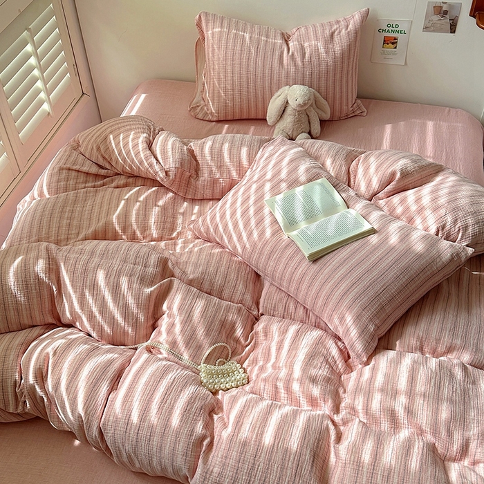 91家纺网 家纺一手货源 找家纺 田野2025新款全棉皱皱纱四件套 小半-粉米