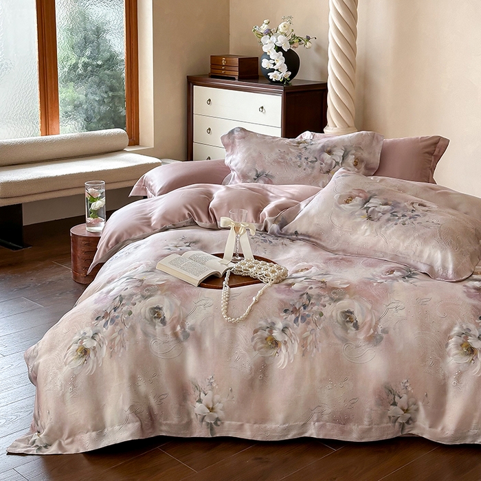 91家纺网 家纺一手货源 找家纺 2025春夏新品数码印花60兰精天丝宽边工艺款四件套 奥菲娜-粉