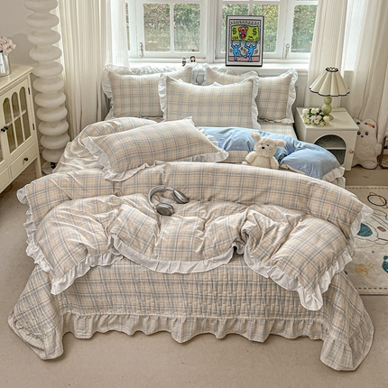 麦朵家居2025新款双层纱针织棉床盖款四件套 蓝格子