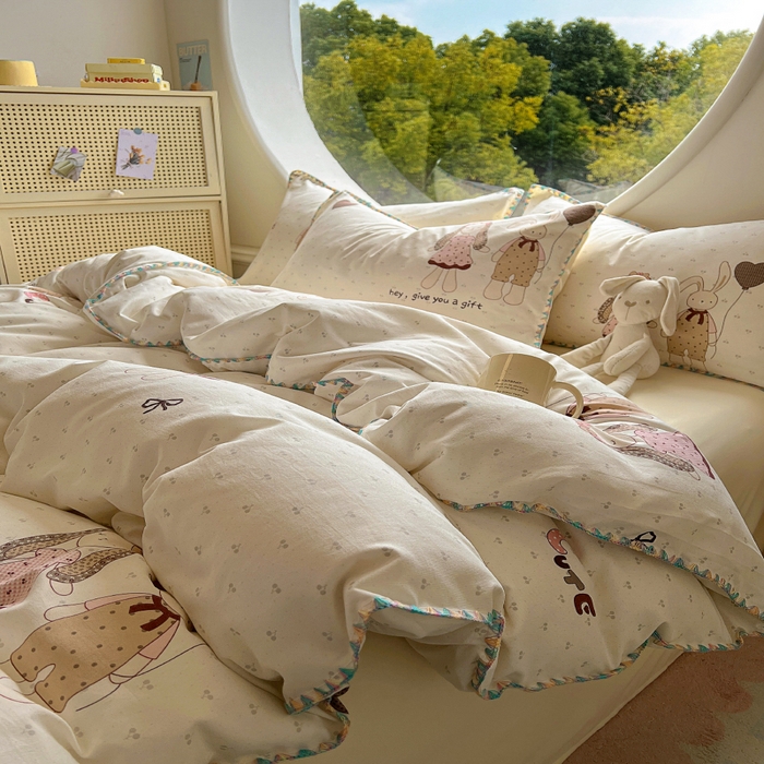 91家纺网 家纺一手货源 找家纺 葡萄家 2025爆款高克重彩色三角针A类针织双层纱四件套 提供买家秀 兔小姐