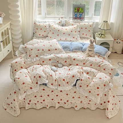 麦朵家居2025新款双层纱针织棉床盖款四件套 南瓜爱心