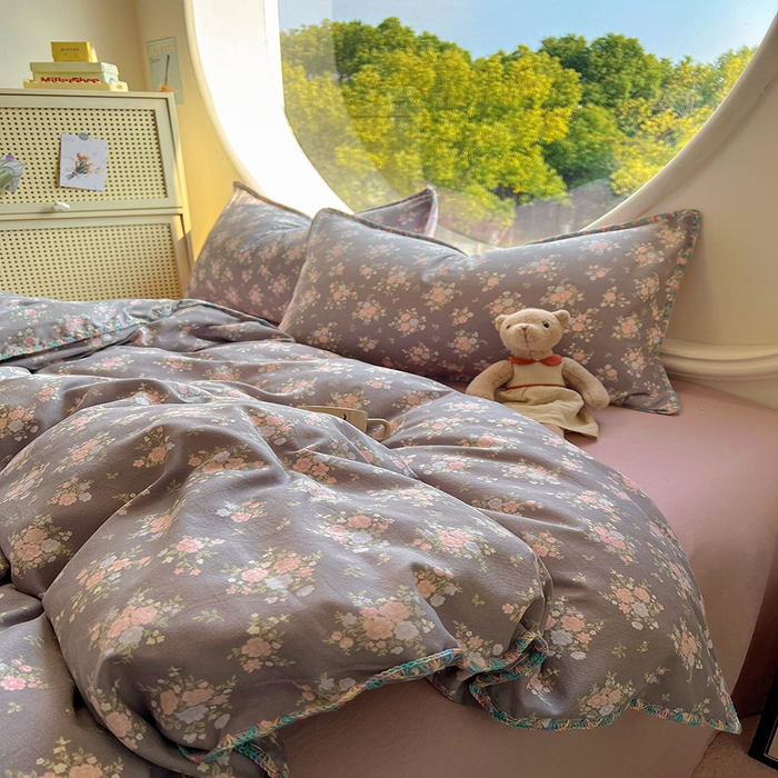 91家纺网 家纺一手货源 找家纺 葡萄家 2025爆款高克重彩色三角针A类针织双层纱四件套 提供买家秀 茉福灰