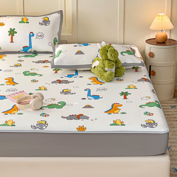 91家纺网 家纺一手货源 找家纺 富馨莱 2025新款床笠款冰藤印花凉席A类抗菌冰丝席支持定制尺寸 恐龙纪元