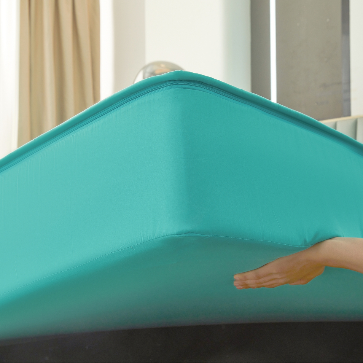 91家纺网 家纺一手货源 找家纺 欧邦 2025新款可拆卸六面全包夹棉床笠 单面夹棉-净水绿