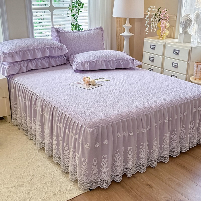 91家纺网 家纺一手货源 找家纺 2025新款A类华夫格大豆棉床裙四件套-梦幻花园 梦幻花园-紫